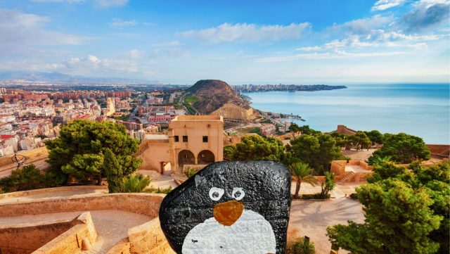 Hand-painted penguin stone #257 hidden at Castillo de Santa Barbara, Alicante, Spain