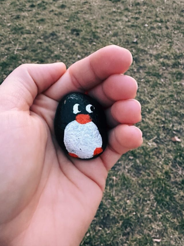Hand-painted penguin stone #225 hidden at Strkovec Lake, Bratislava, Slovakia (photo 4 of 5)