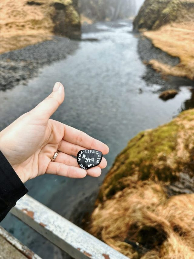 Hand-painted penguin stone #344 hidden at Fjadrargljufur Canyon, Kirkjubaejarklaustur, Iceland (photo 3 of 5)