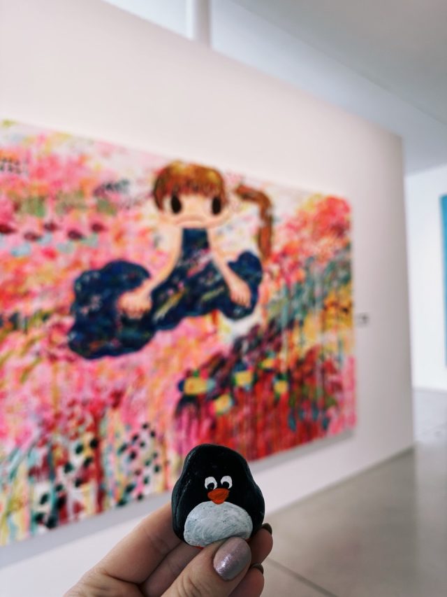 Hand-painted penguin stone #223 hidden at Danubiana, Cunovo, Slovakia (photo 4 of 5)