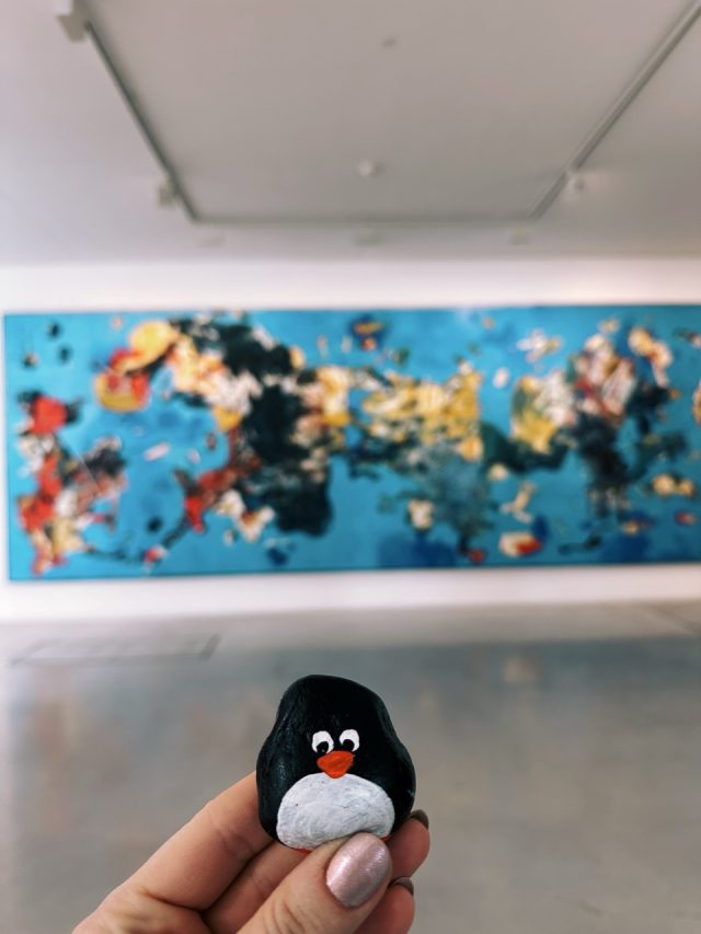 Hand-painted penguin stone #223 hidden at Danubiana, Cunovo, Slovakia (photo 5 of 5)