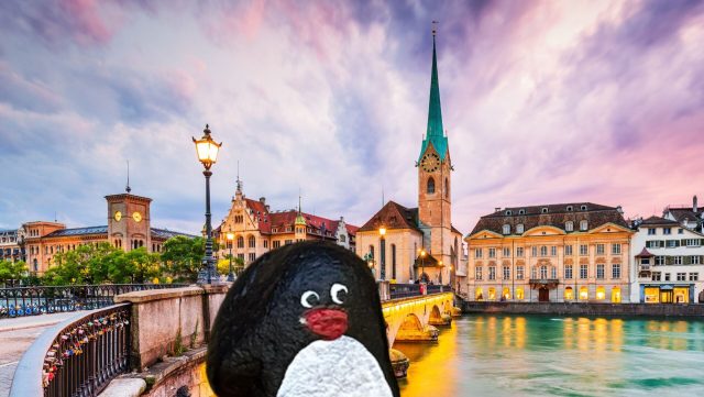Hand-painted penguin stone #312 hidden at Town Hall, Zurich, Switzerland