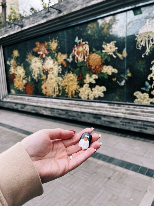 Hand-painted penguin stone #361 hidden at People's Park, Chengdu, China (photo 2 of 4)