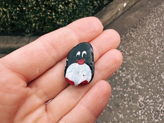 Hand-painted penguin stone #392 hidden at Holyroodhouse Palace Gardens, Edinburgh, United Kingdom (photo 5 of 5)