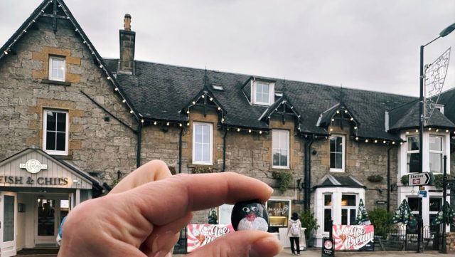 Ručne maľovaný tučniakový kameň č. 404 ukrytý na mieste Rie-Achan Road, Pitlochry, Spojené kráľovstvo