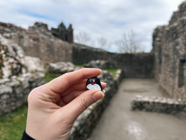Hand-painted penguin stone #405 hidden at Urquhart Castle Docks, Loch Ness, United Kingdom (photo 2 of 5)