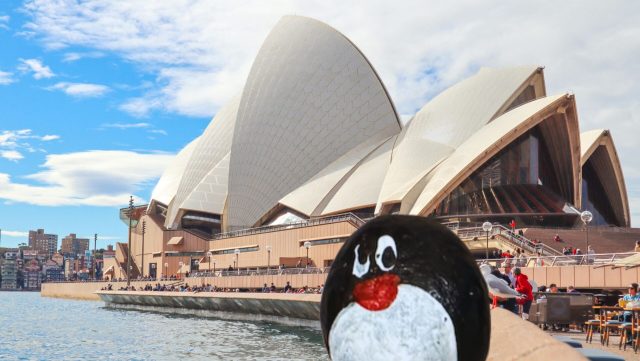 Ručne maľovaný tučniakový kameň č. 424 ukrytý na mieste Sydney Opera House, Sydney, Austrália