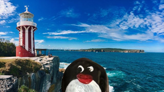Ručne maľovaný tučniakový kameň č. 427 ukrytý na mieste Hornby Lighthouse, Sydney, Austrália