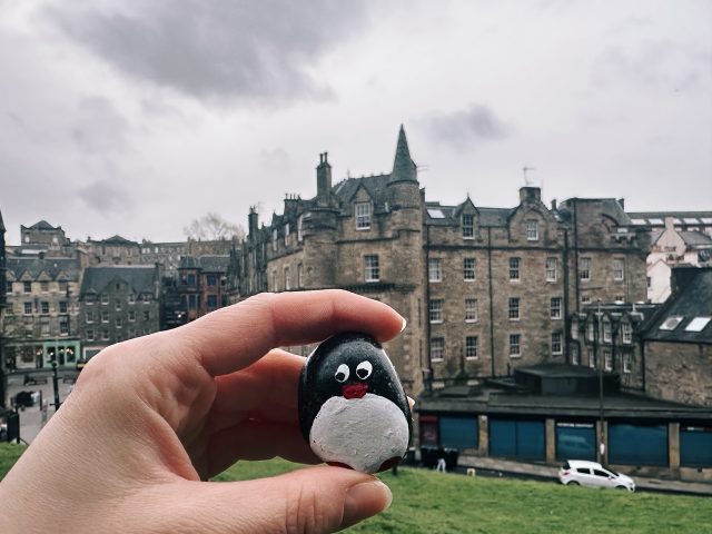 Hand-painted penguin stone #447 hidden at Edinburgh Castle, Edinburgh, United Kingdom (photo 2 of 5)