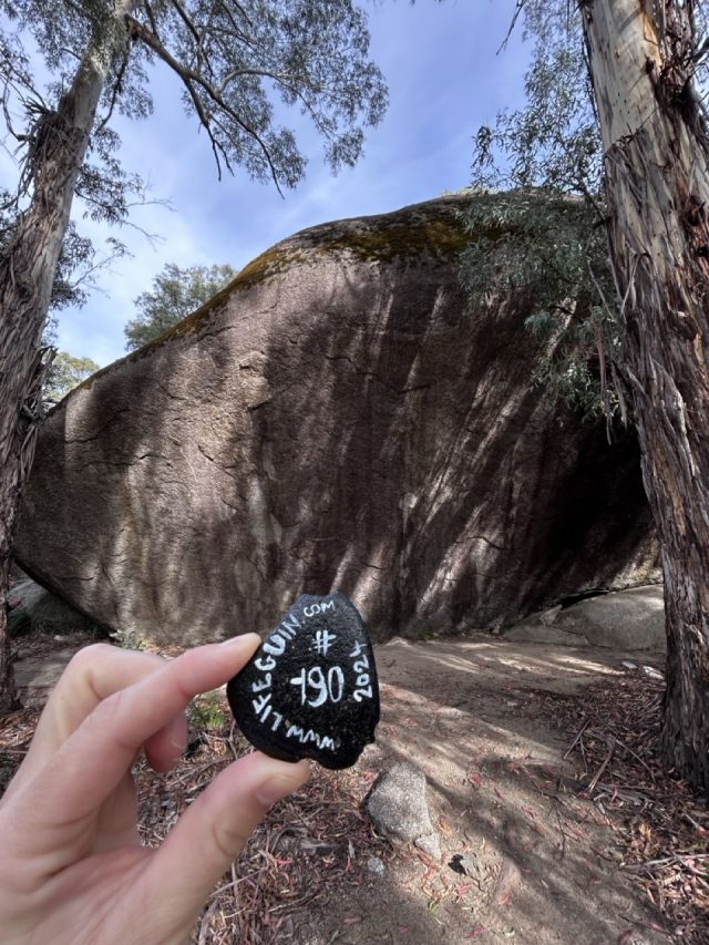 Hand-painted penguin stone #190 hidden at Hanging Rock, Tidbinbilla Nature Reserve, Australia (photo 2 of 5)