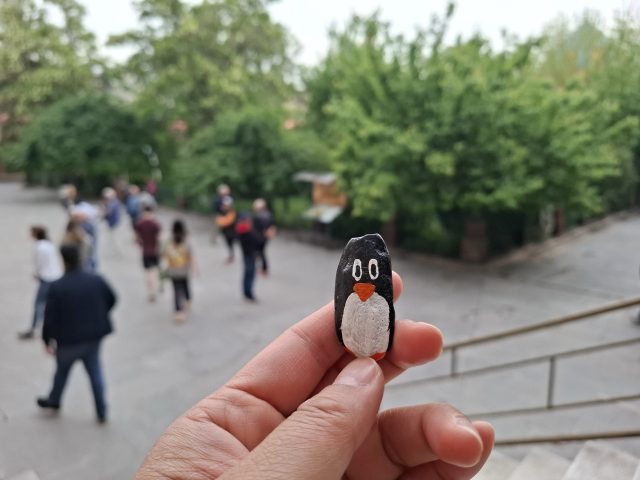 Hand-painted penguin stone #246 hidden at Blue Mosque, Yerevan, Armenia (photo 5 of 5)