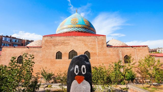 Ručne maľovaný tučniakový kameň č. 246 ukrytý na mieste Blue Mosque, Yerevan, Arménsko