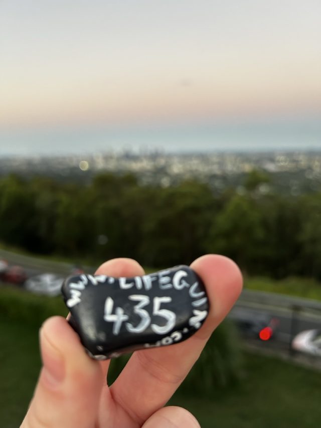 Hand-painted penguin stone #435 hidden at Mount Coot-Tha Summit Lookout, Brisbane, Australia (photo 3 of 5)