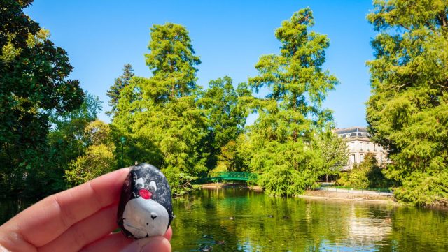Hand-painted penguin stone #462 hidden at Jardin Public, Bordeaux, France
