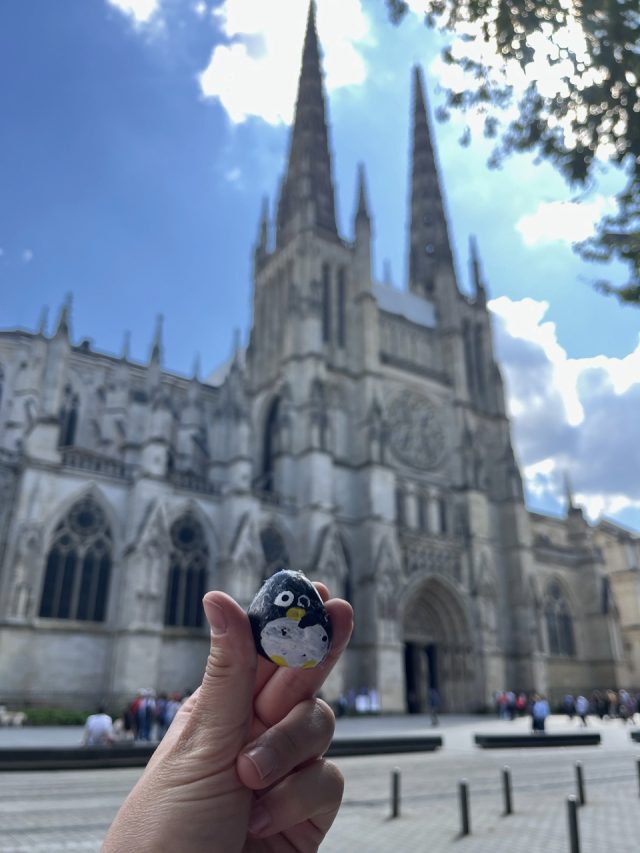 Hand-painted penguin stone #491 hidden at Cathedrale Saint-Andre de Bordeaux, Bordeaux, France (photo 2 of 4)
