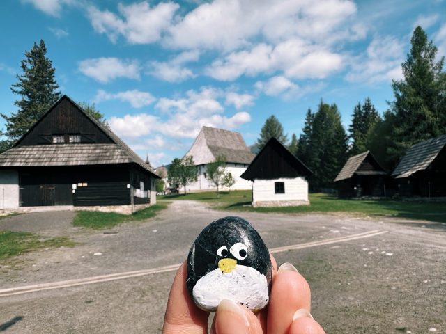 Hand-painted penguin stone #547 hidden at Pribylina Open-Air Museum, Pribylina, Slovakia (photo 2 of 5)