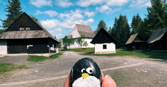 Hand-painted penguin stone #547 hidden at Pribylina Open-Air Museum, Pribylina, Slovakia