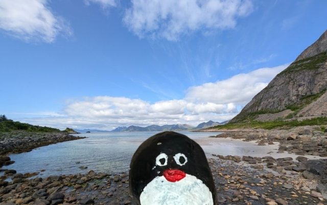 Hand-painted penguin stone #320 hidden at Rorvikstranda, Kabelvag, Norway