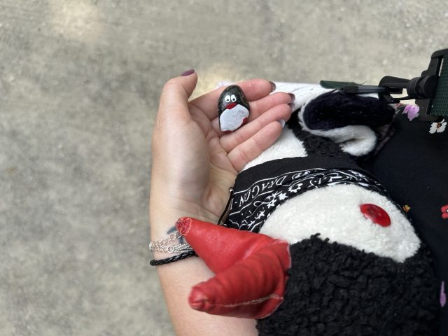 Hand-painted penguin stone #449 hidden at Castle Gardens, Cesky Krumlov, Czechia (photo 3 of 5)
