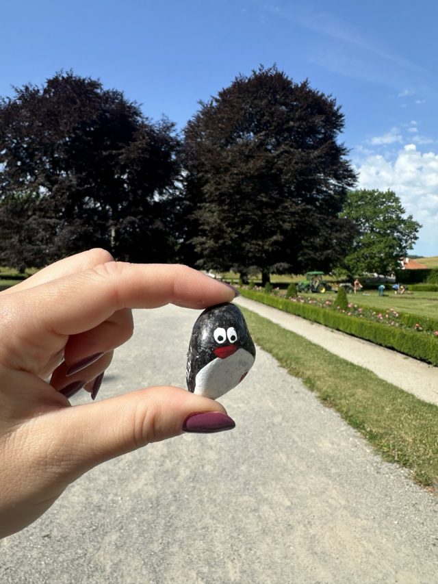 Hand-painted penguin stone #449 hidden at Castle Gardens, Cesky Krumlov, Czechia (photo 5 of 5)