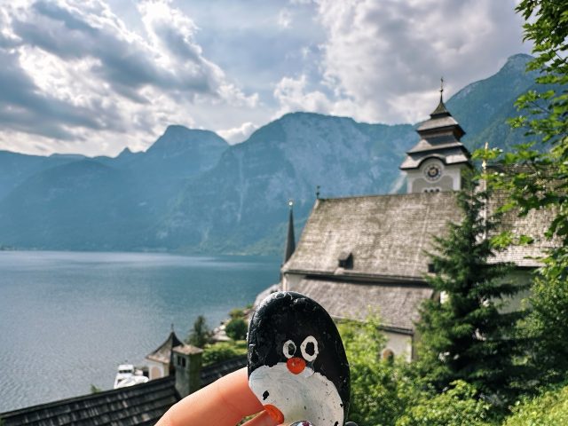 Hand-painted penguin stone #525 hidden at Wooden Shelter, Hallstatt, Austria (photo 3 of 5)