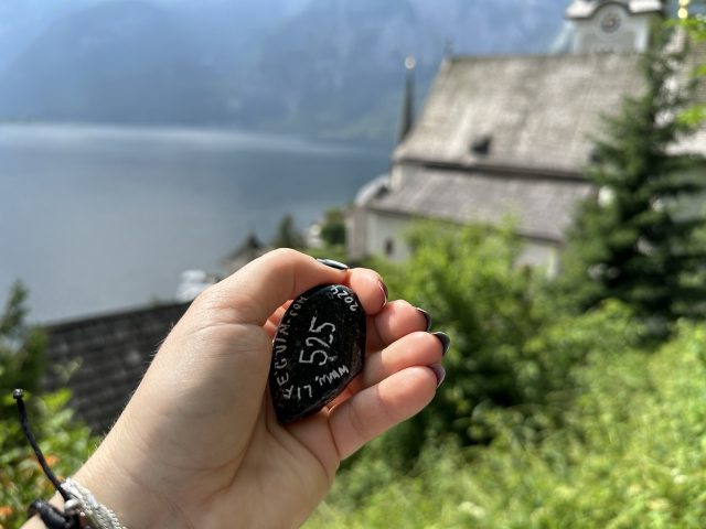 Hand-painted penguin stone #525 hidden at Wooden Shelter, Hallstatt, Austria (photo 5 of 5)