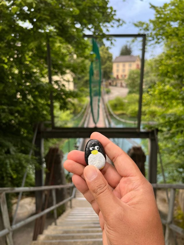 Hand-painted penguin stone #572 hidden at Paul-Fischer-Hangebrucke, Wettingen, Switzerland (photo 4 of 5)