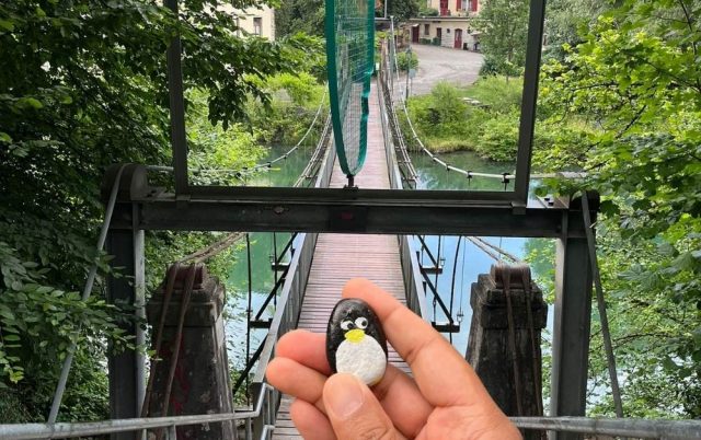 Hand-painted penguin stone #572 hidden at Paul-Fischer-Hangebrucke, Wettingen, Switzerland