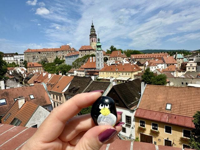 Hand-painted penguin stone #579 hidden at Seminarni zahrada Viewpoint, Cesky Krumlov, Czechia (photo 4 of 5)