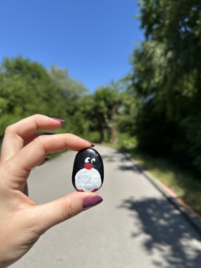 Hand-painted penguin stone #586 hidden at Cloak Bridge, Cesky Krumlov, Czechia (photo 3 of 5)