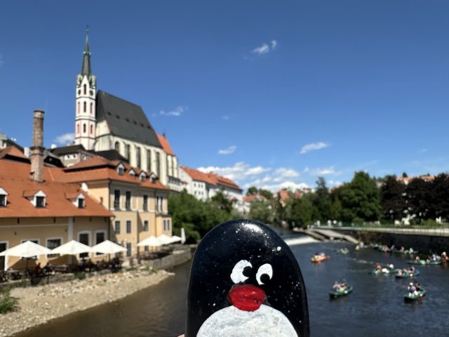 Hand-painted penguin stone #586 hidden at Cloak Bridge, Cesky Krumlov, Czechia (photo 4 of 5)