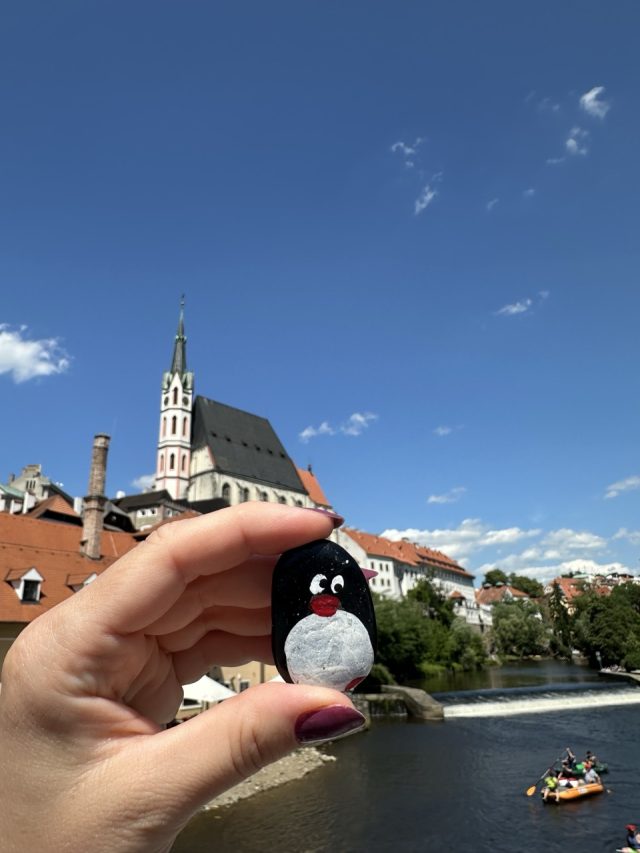 Hand-painted penguin stone #586 hidden at Cloak Bridge, Cesky Krumlov, Czechia (photo 5 of 5)