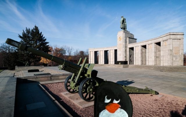 Hand-painted penguin stone #626 hidden at Soviet War Memorial Tiergarten, Berlin, Germany