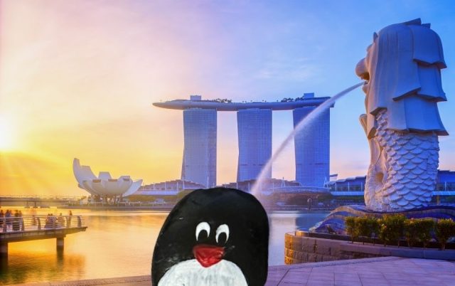 Hand-painted penguin stone #403 hidden at Merlion Park, Singapore, Singapore