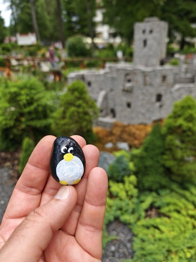 Hand-painted penguin stone #554 hidden at Park Mini Slovakia, Janska Valley, Slovakia (photo 3 of 5)