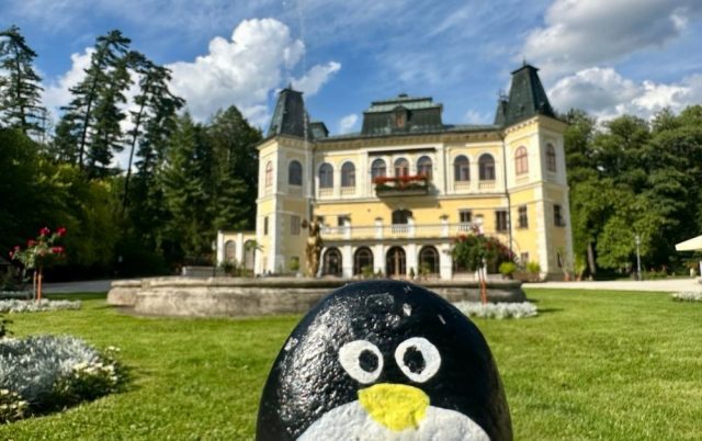 Ručne maľovaný tučniakový kameň č. 564 ukrytý na mieste Château Betliar, Betliar, Slovensko