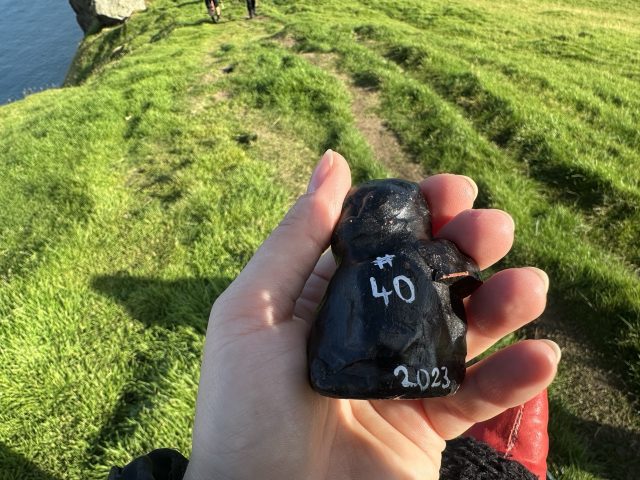 Hand-painted penguin stone #40 hidden at Rock between the Kallur Lighthouse and James Bond Headstone, Kallur Lighthouse Hike, Faroe Islands (photo 2 of 5)