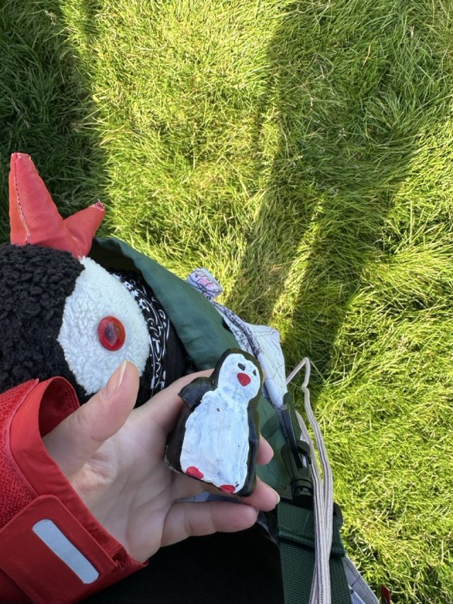 Hand-painted penguin stone #40 hidden at Rock between the Kallur Lighthouse and James Bond Headstone, Kallur Lighthouse Hike, Faroe Islands (photo 4 of 5)