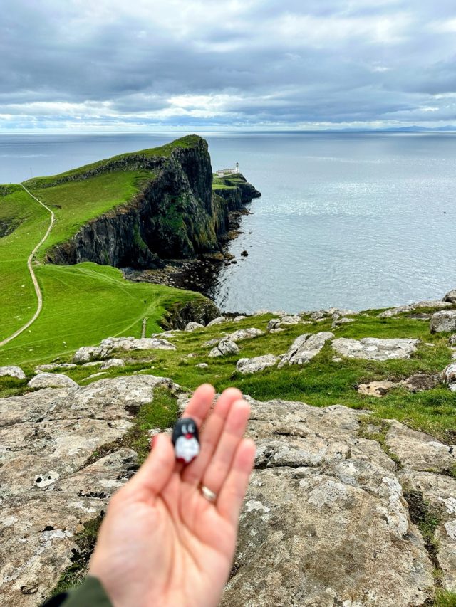 Hand-painted penguin stone #430 hidden at Neist Point, Cliff Lighthouse Viewpoint, United Kingdom (photo 2 of 5)