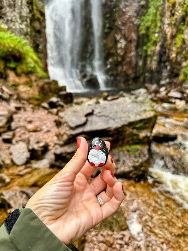 Hand-painted penguin stone #459 hidden at Allt Chranaidh Waterfall, Lairg, United Kingdom (photo 3 of 5)