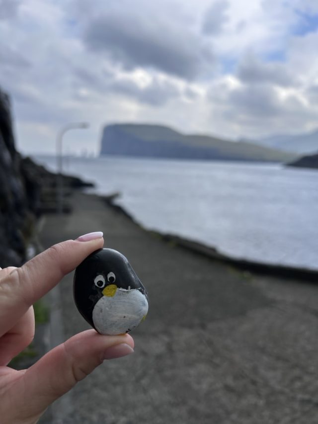 Hand-painted penguin stone #488 hidden at Bakkagota, Tjornuvik, Faroe Islands (photo 2 of 5)