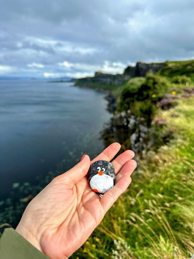 Hand-painted penguin stone #520 hidden at Kilt Rock Waterfall, Elishader, United Kingdom (photo 5 of 5)