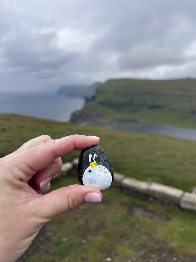 Hand-painted penguin stone #528 hidden at Traelanipa, Vagar Island, Faroe Islands (photo 5 of 5)