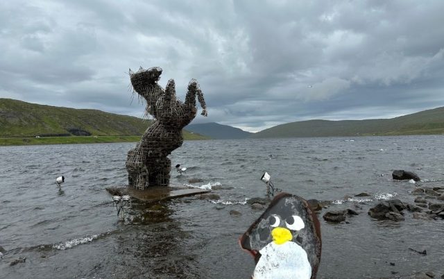 Ručne maľovaný tučniakový kameň č. 532 ukrytý na mieste The Nix Statue, Sørvágsvegur, Faerské ostrovy
