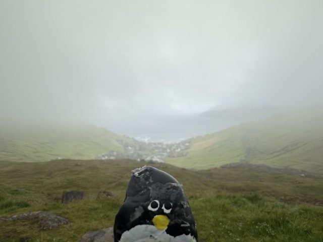 Hand-painted penguin stone #539 hidden at Viewpoint over Kvivik, Kvivik, Faroe Islands (photo 2 of 5)