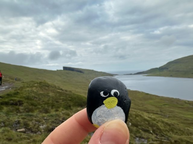 Hand-painted penguin stone #559 hidden at Scenic Viewpoint, Vatnsoyrar, Faroe Islands (photo 4 of 5)