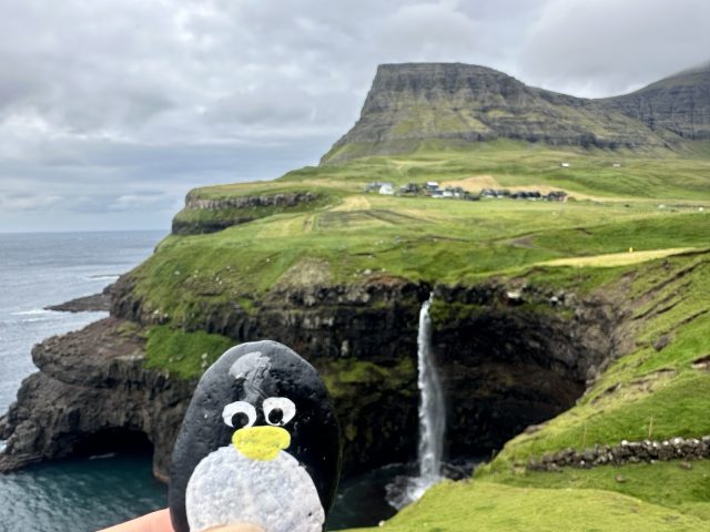 Hand-painted penguin stone #597 hidden at Mulafossur Waterfall, Gasadalur, Faroe Islands (photo 3 of 5)