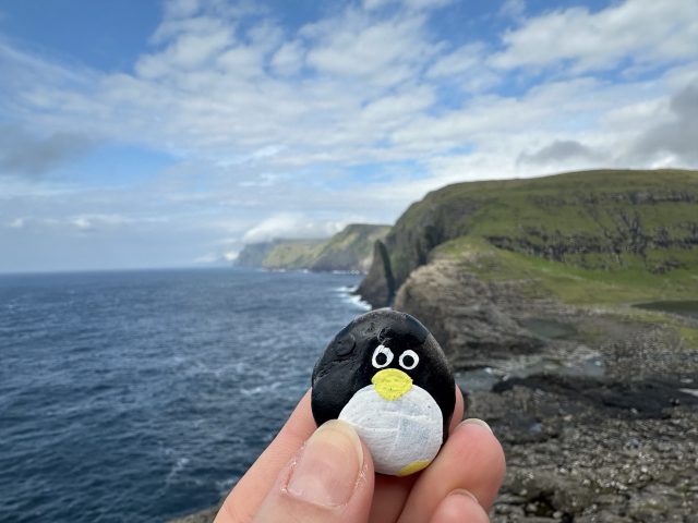 Hand-painted penguin stone #598 hidden at Bosdalafossur Waterfall, Sandavagur, Faroe Islands (photo 3 of 5)