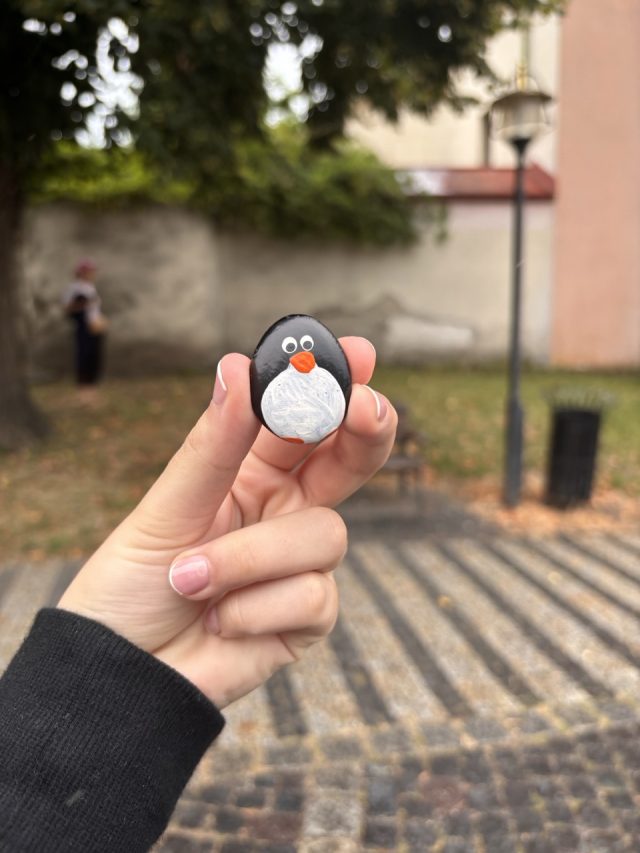 Hand-painted penguin stone #622 hidden at The Church of St. Elizabeth the Widow, Kremnica, Slovakia (photo 2 of 5)