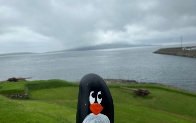 Hand-painted penguin stone #639 hidden at Skansin, Torshavn, Faroe Islands